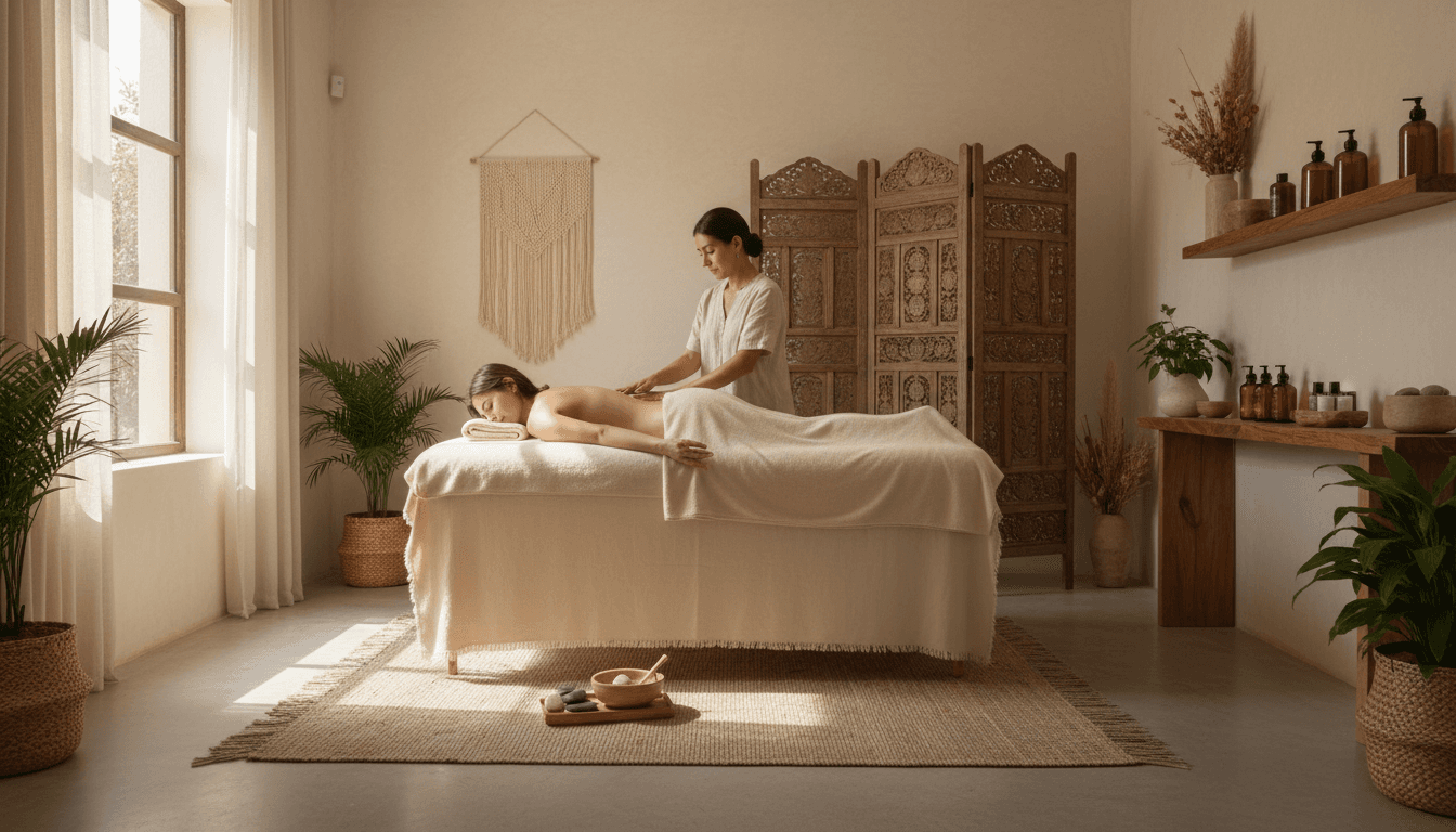 Peaceful spa treatment room with client receiving natural therapy session