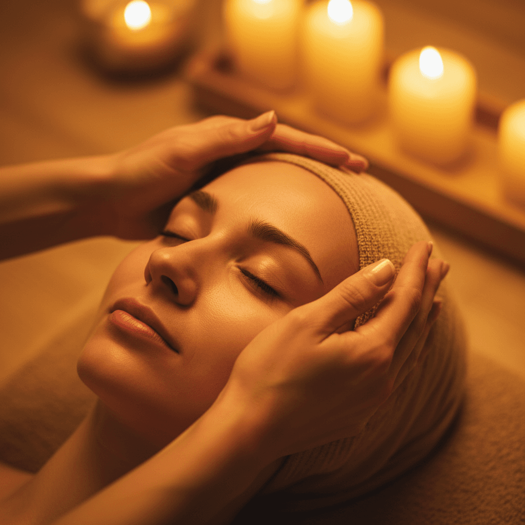 Therapist's hands gently supporting client's head during healing session