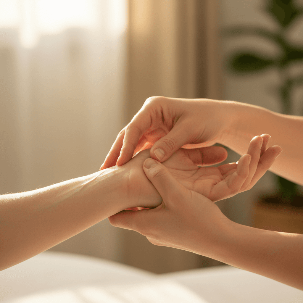 Practitioner gently assessing patient's pulse or arm during caring therapeutic examination
