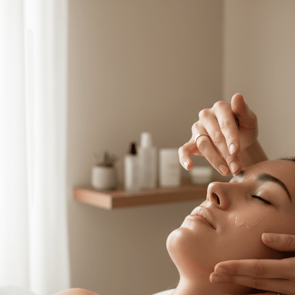 Professional esthetician applying luminous facial serum to client's skin in soft natural light during luxury spa treatment