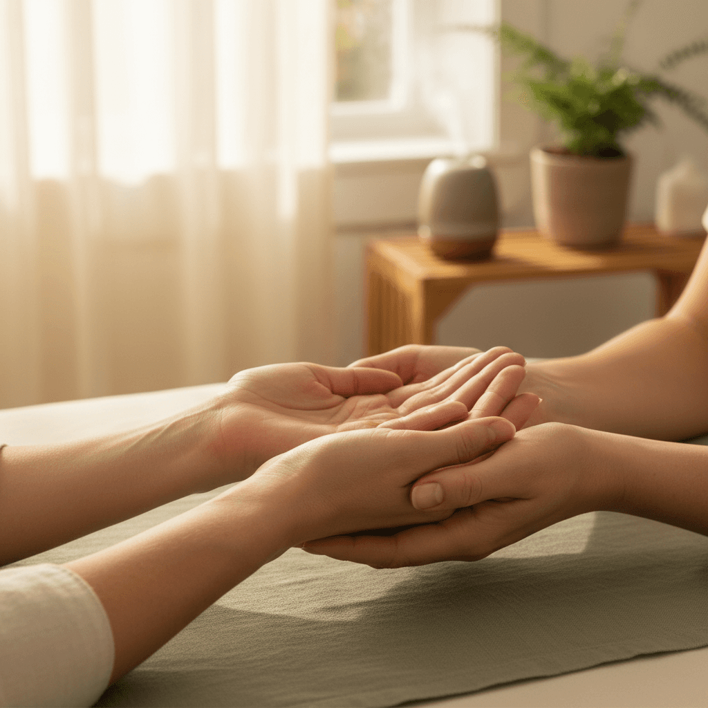 Therapist's hands gently guiding client's palm during energy healing session with soft natural light